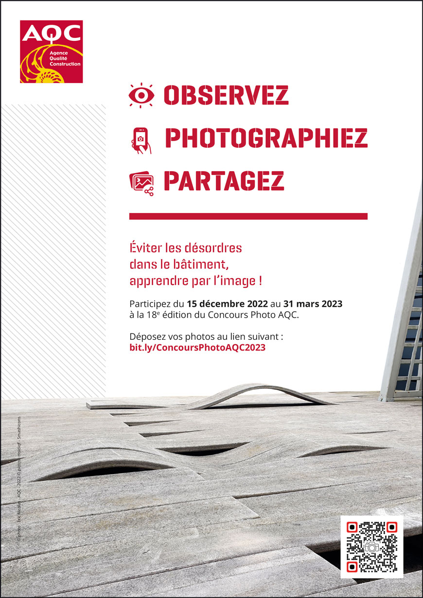 Affiche A4 du Concours Photo AQC 2023 « Éviter les désordres dans le bâtiment, apprendre par l'image ! »