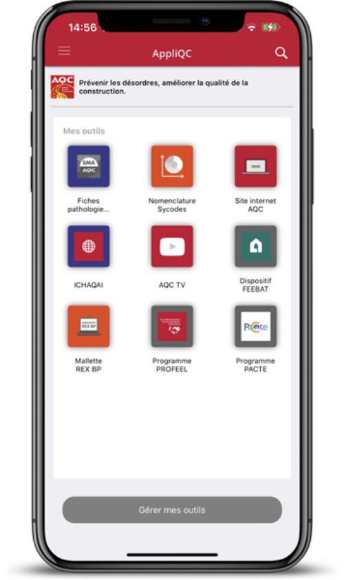 Interface mobile de l'application AppliQC : outils et ressources de l'AQC pour les professionnels du bâtiment