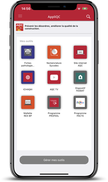 Interface mobile de l'application AppliQC : outils et ressources de l'AQC pour les professionnels du bâtiment