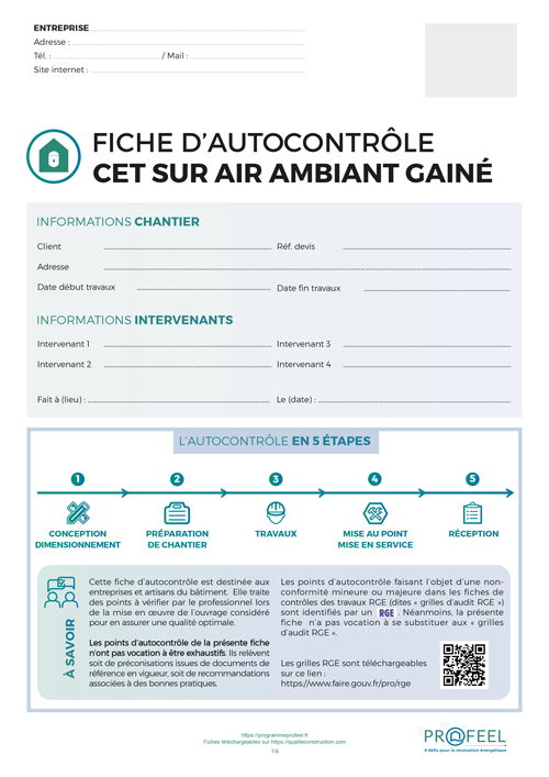 Fiche d'autocontrôle de travaux « CET sur air ambiant gainé » de l'AQC / Programme PROFEEL