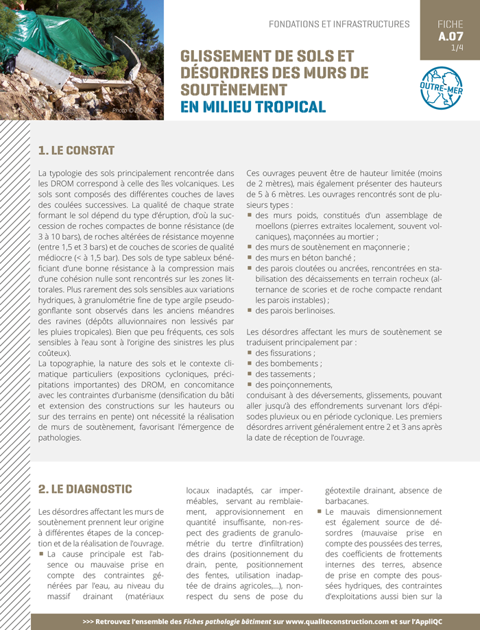 Fiche pathologie bâtiment - A.07 « Glissement de sols et désordres des murs de soutènement en milieu tropical » - AQC