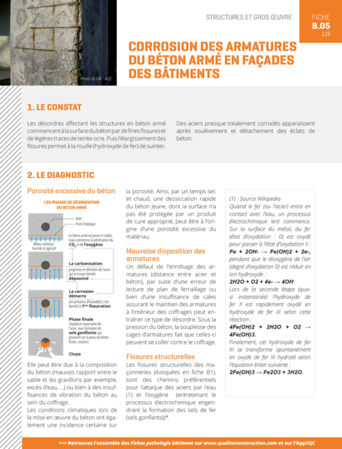 Fiche pathologie bâtiment - B.05 « Corrosion des armatures du béton armé en façades des bâtiments » - AQC