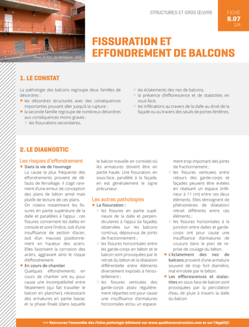 Fiche pathologie bâtiment - B.07 « Fissurations et effondrements des balcons » - AQC