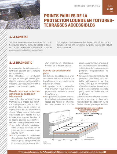 Fiche pathologie bâtiment - C.12 « Points faibles de la protection lourde en toitures-terrasses accessibles » - AQC
