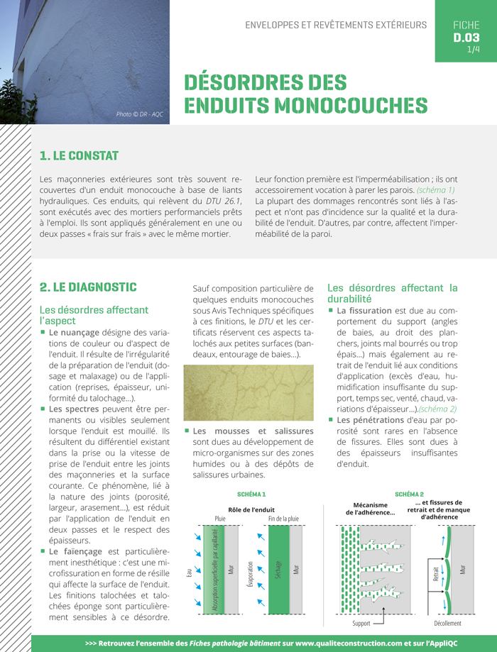 Fiche pathologie bâtiment - D.03 « Désordres des enduits monocouche » - AQC