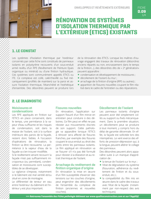 Fiche pathologie bâtiment - D.09 « Rénovation de systèmes d’isolation thermique par l’extérieur (ETICS) existants » - AQC
