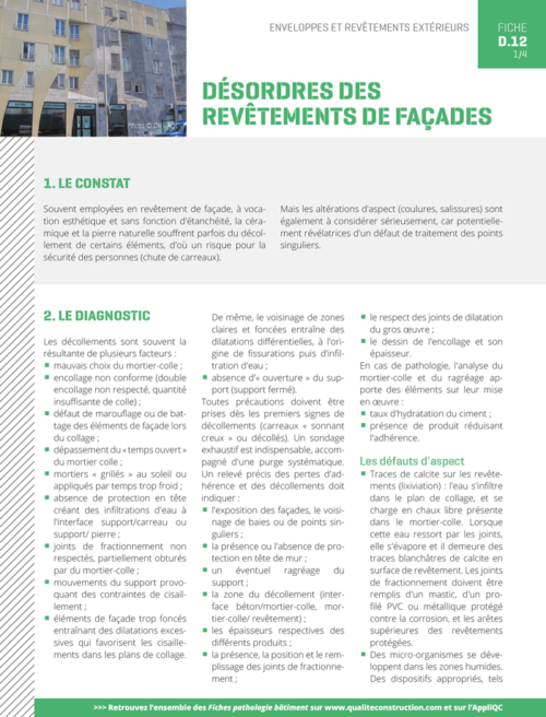Fiche pathologie bâtiment - D.12 « Désordres des revêtements de façades » - AQC