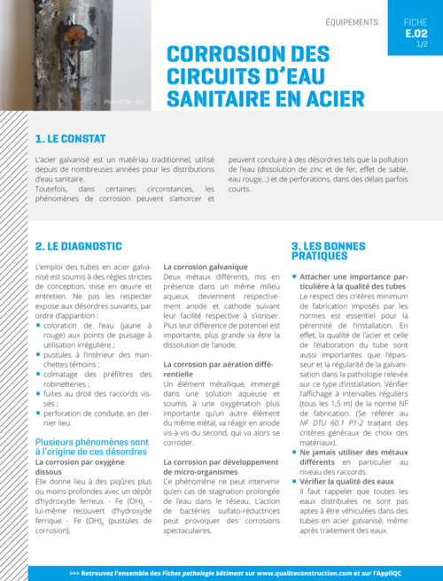 Fiche pathologie bâtiment - E.02 « Corrosion des circuits d'eau sanitaire en acier » - AQC