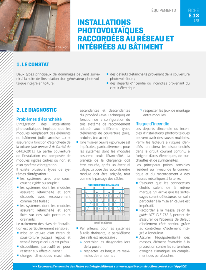 Fiche pathologie bâtiment - E.13 « Installations photovoltaïques raccordées au réseau et intégrées au bâtiment » - AQC