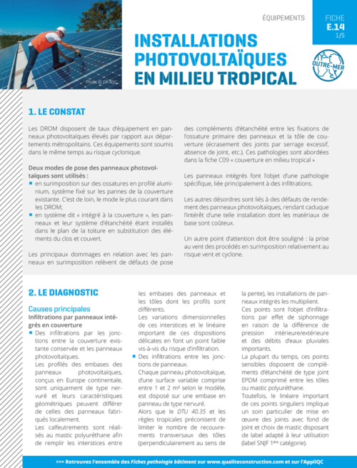 Fiche pathologie bâtiment - E.14 « Installations photovoltaïques surimposées en milieu tropical » - AQC