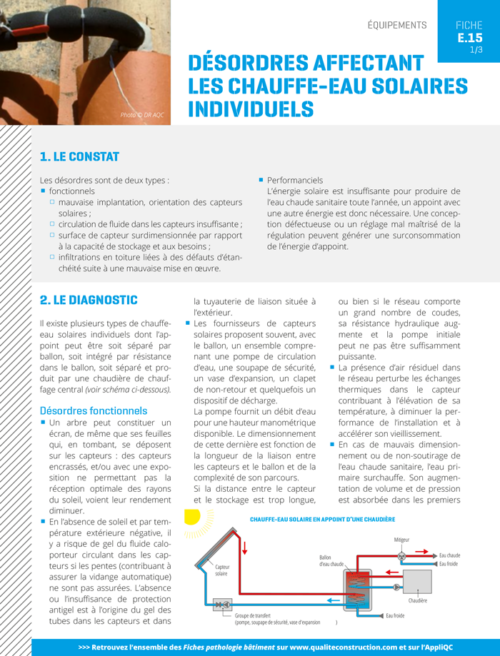 Fiche pathologie bâtiment - E.15 « Désordres affectant les chauffe-eau solaires individuels » - AQC