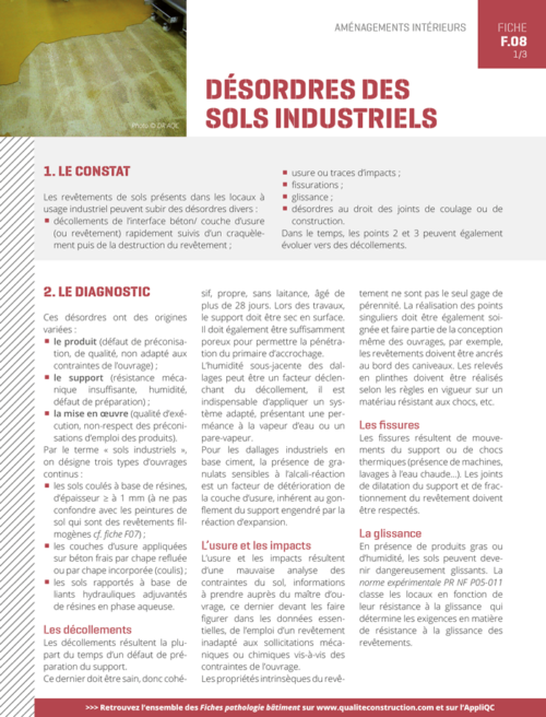 Fiche pathologie bâtiment - F.08 « Désordres des sols industriels » - AQC
