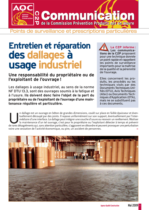 « Entretien et réparation des dallages à usage industriel » - Communication C2P de l'AQC
