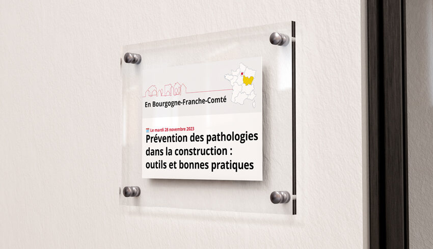 À droite : Rencontre d'information et d'échanges « Prévention des pathologies dans la construction » - À gauche : carte des régions de France avec un zoom sur la région Bourgogne-Franche-Comté