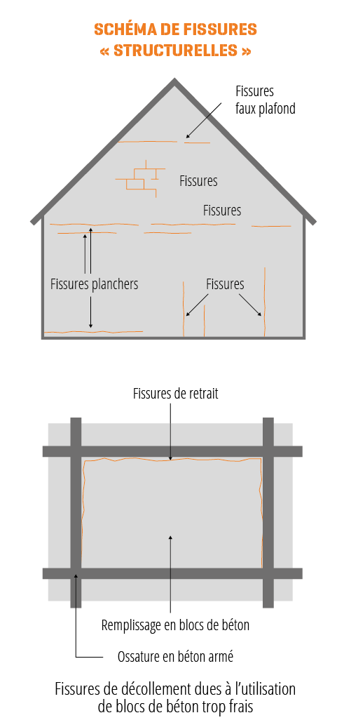 Schémas de différents types de fissures structurelles possibles (faux-plafond, plancher, de décollement, de retrait...)