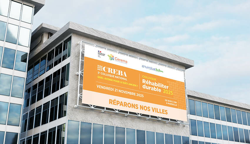 Logo de l'édition 2025 du colloque CREBA sur un panneau publicitaire urbain