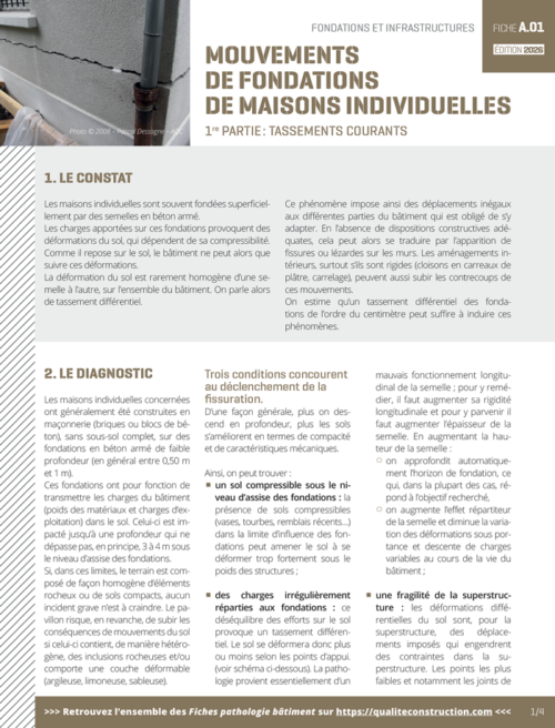 Fiche pathologie bâtiment - A.01 « Mouvements de fondations de maisons individuelles - 1° partie : tassements courants » - AQC
