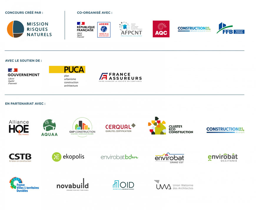 Logos des organisateurs, soutiens et partenaires des Trophées Bâtiments Résilients 2026