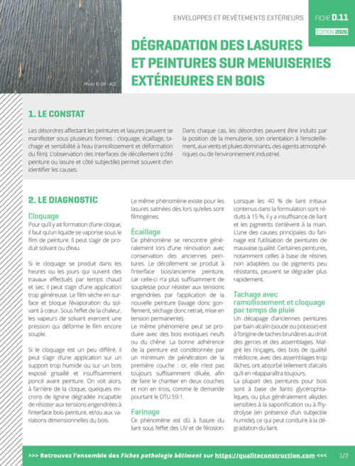 Fiche pathologie bâtiment - D.11 « Dégradation des lasures et peintures sur menuiseries extérieures en bois » - AQC