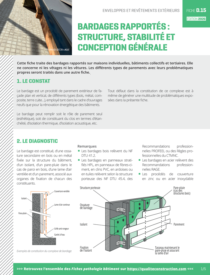 Fiche pathologie bâtiment - D.115 « Les bardages: structures, stabilité et conception générale » - AQC
