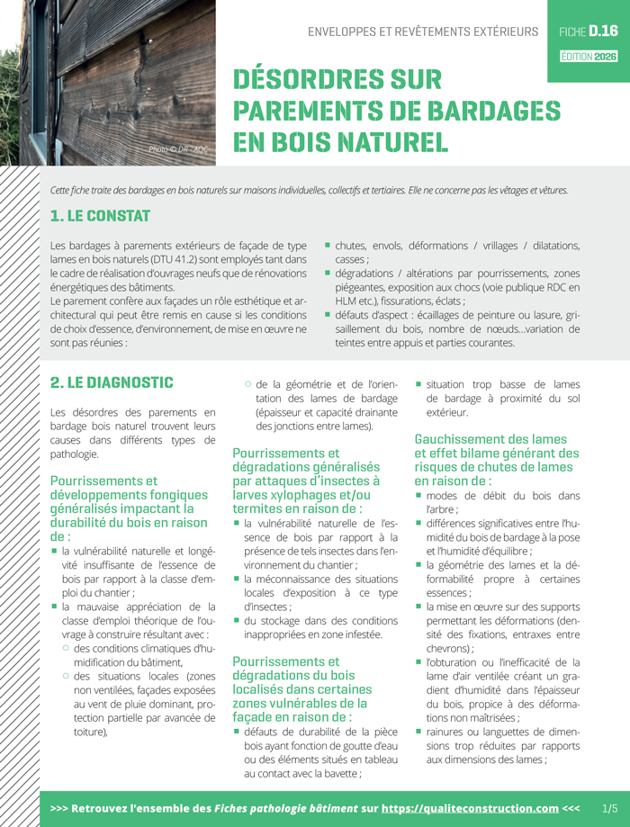 Fiche pathologie bâtiment - D.115 « Désordres sur parements de bardages en bois naturel » - AQC