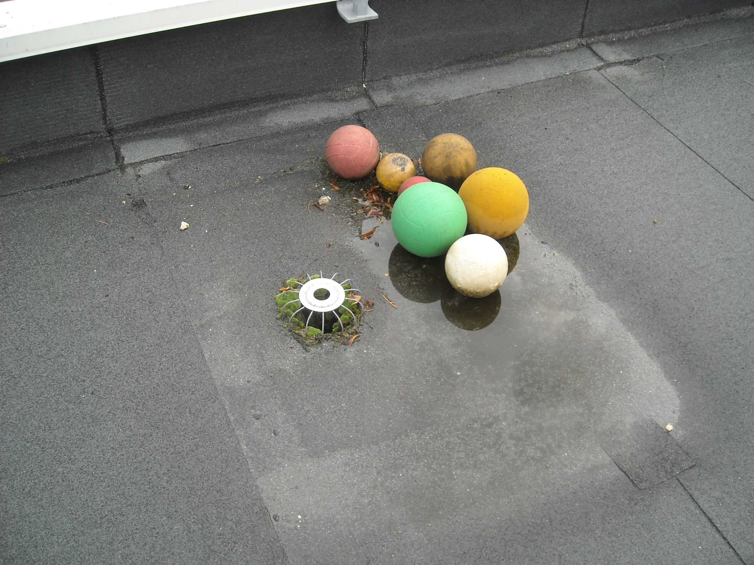 Toit d'un bâtiment scolaire présentant une crapaudine remplie de mousse et de nombreux ballons