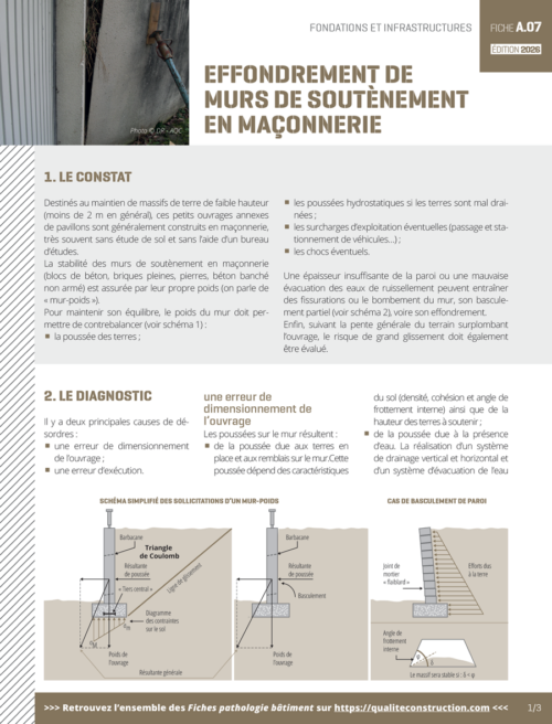 Fiche pathologie bâtiment - A.07 « Effondrement de murs de soutènement en maçonnerie » - AQC
