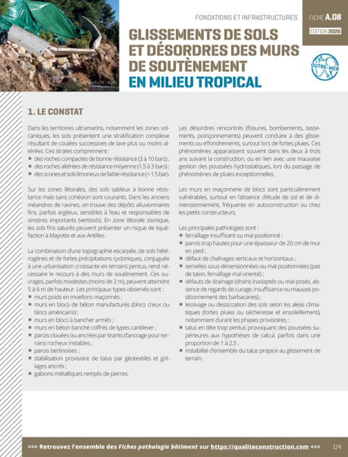 Fiche pathologie bâtiment - A.08 « Glissement de sols et désordres des murs de soutènement en milieu tropical » - AQC