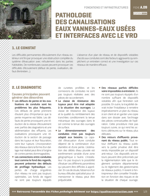 Fiche pathologie bâtiment - A.09 « Pathologies des canalisations eaux vannes eaux usées et interfaces avec le VRD » - AQC