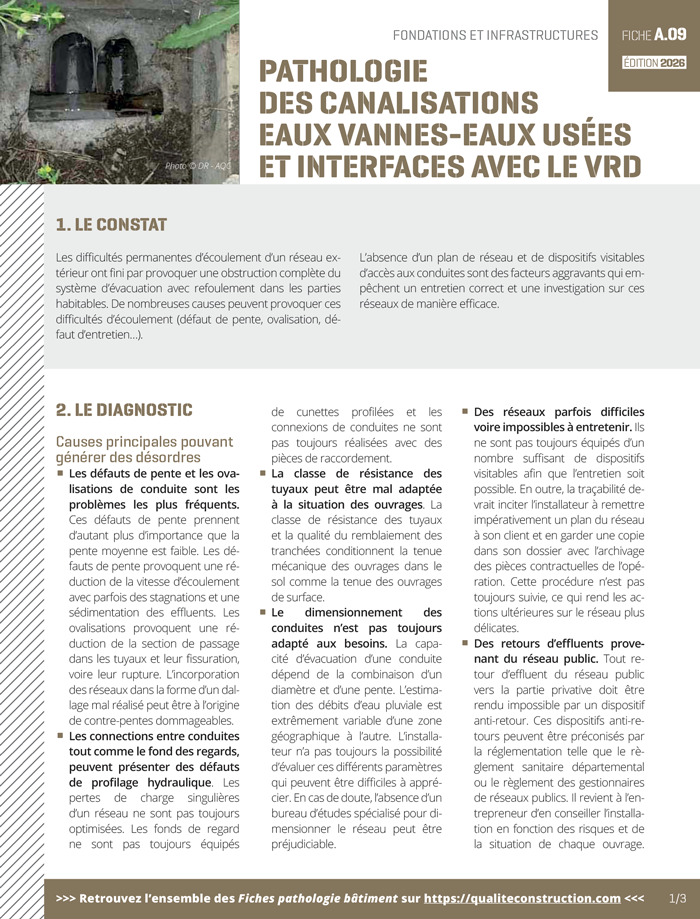 Fiche pathologie bâtiment - A.09 « Pathologies des canalisations eaux vannes eaux usées et interfaces avec le VRD » - AQC