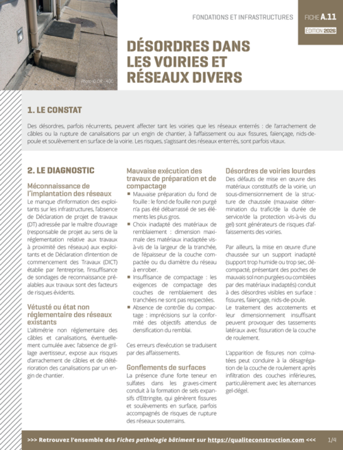 Fiche pathologie bâtiment - A.11 «&nbsp;Désordres dans les voiries et réseaux divers&nbsp;» - AQC
