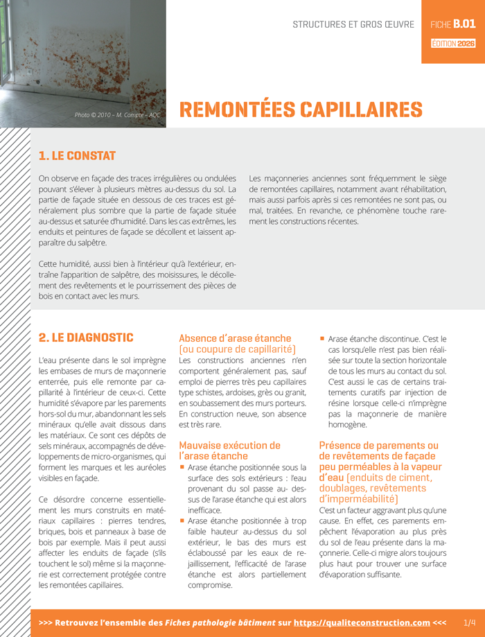 Fiche pathologie bâtiment - B.01 « Remontées capillaires » - AQC
