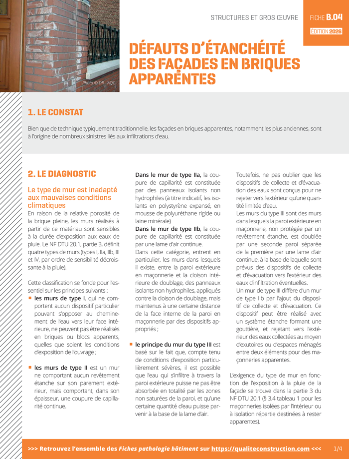 Fiche pathologie bâtiment - B.04 « Défauts d’étanchéité des façades en briques apparentes » - AQC