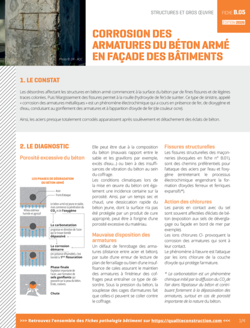 Fiche pathologie bâtiment - B.05 «&nbsp;Corrosion des armatures du béton armé en façades des bâtiments&nbsp;» - AQC
