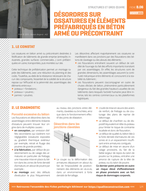 Fiche pathologie bâtiment - B.06 « Désordres sur ossatures en éléments préfabriqués en béton armé ou précontraint » - AQC