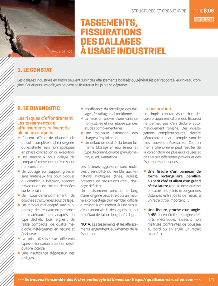 Fiche pathologie bâtiment - B.08 « Tassements, fissurations des dallages à usage industriel » - AQC