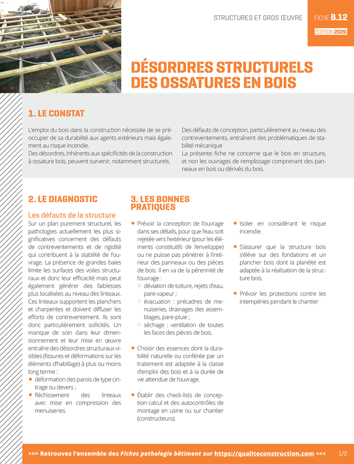 Fiche pathologie bâtiment - B.12 « Désordres structurels des ossatures bois » - AQC