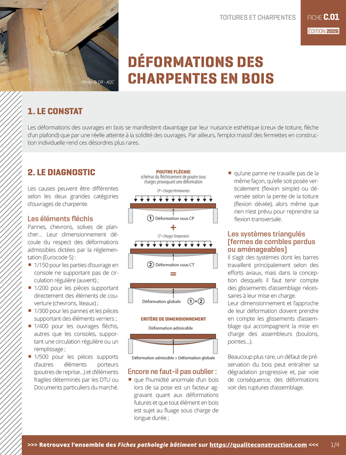Fiche pathologie bâtiment - C.01 « Déformations des charpentes assemblées en bois sur chantier » - AQC