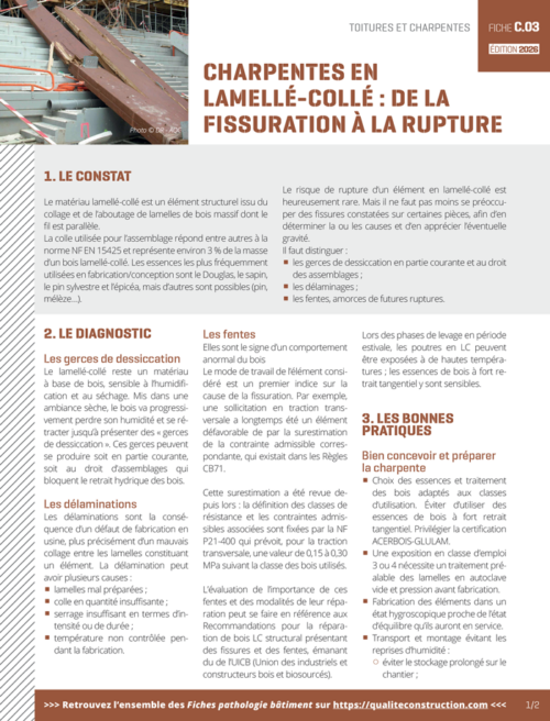 Fiche pathologie bâtiment - C.03 «&nbsp;Charpentes en lamellé-collé&nbsp;: de la fissuration à la rupture&nbsp;» - AQC