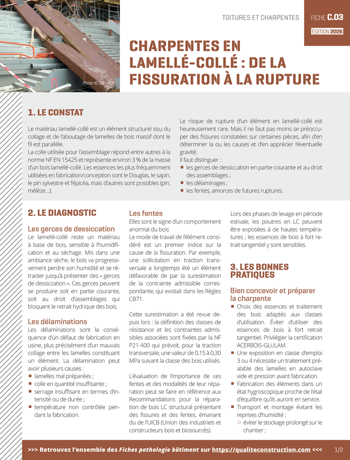 Fiche pathologie bâtiment - C.03 « Charpentes en lamellé-collé : de la fissuration à la rupture » - AQC
