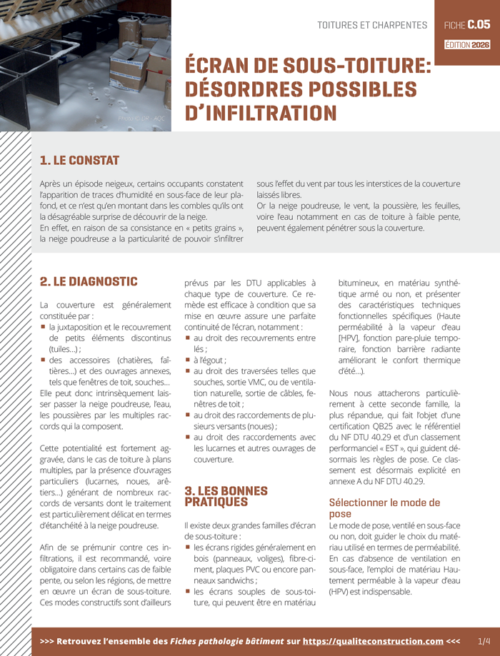 Fiche pathologie bâtiment - C.05 «&nbsp;Écran de sous toiture&nbsp;: désordres possibles d'infiltration&nbsp;» - AQC