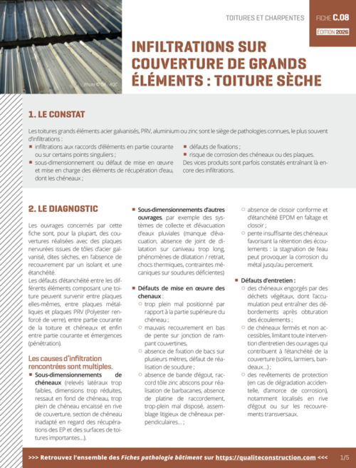 Fiche pathologie bâtiment - C.08 « Infiltrations sur couverture de grands éléments : toiture sèche » - AQC