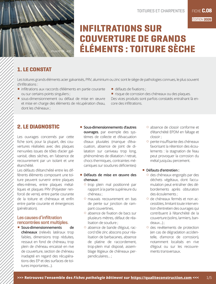 Fiche pathologie bâtiment - C.08 « Infiltrations sur couverture de grands éléments : toiture sèche » - AQC