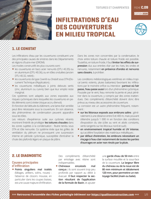 Fiche pathologie bâtiment - C.09 « Infiltrations d'eau des couvertures en milieu tropical » - AQC