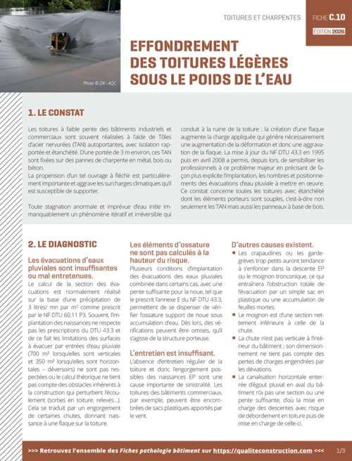 Fiche pathologie bâtiment - C.10 « Effondrement des couvertures légères sous le poids de l'eau » - AQC