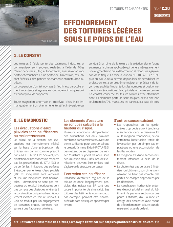 Fiche pathologie bâtiment - C.10 « Effondrement des couvertures légères sous le poids de l'eau » - AQC
