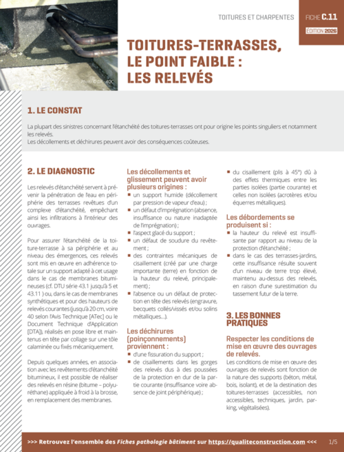 Fiche pathologie bâtiment - C.11 « Toitures - terrasses, le point faible : les relevés » - AQC