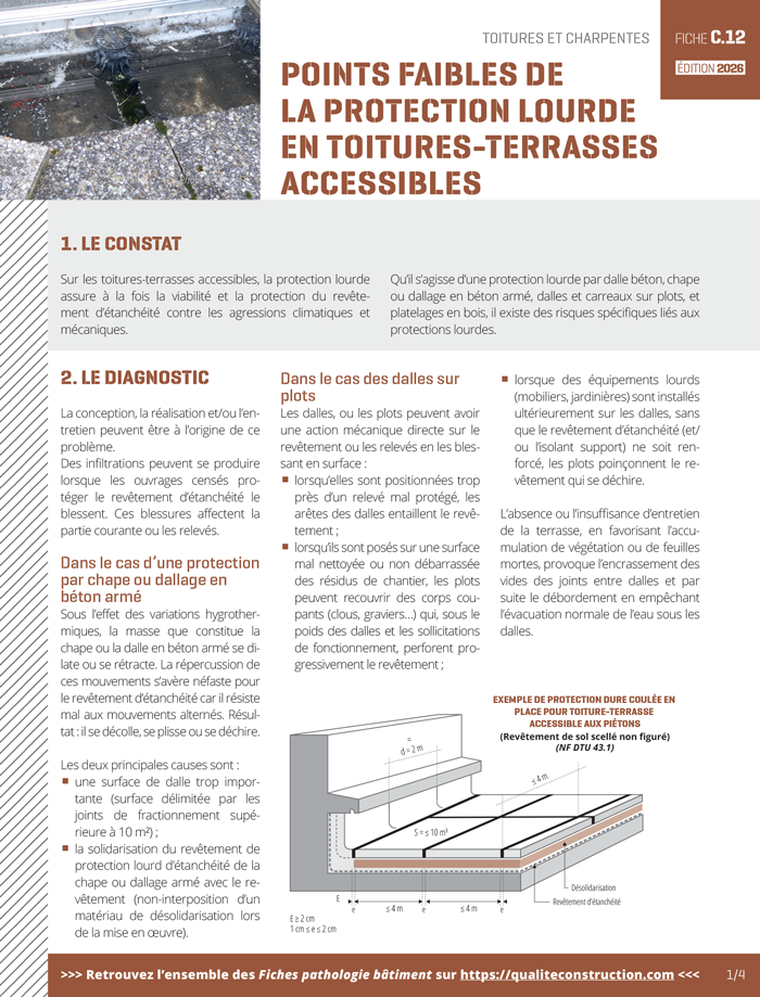 Fiche pathologie bâtiment - C.12 « Points faibles de la protection lourde en toitures-terrasses accessibles » - AQC