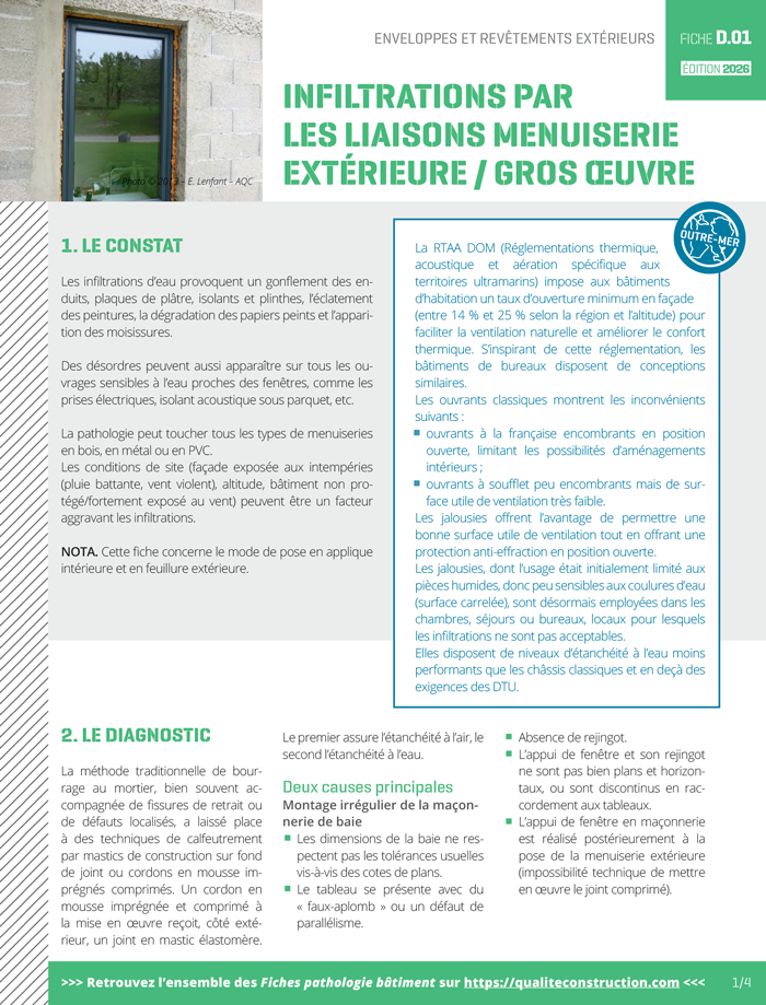 Fiche pathologie bâtiment - D.01 « Infiltrations par les liaisons menuiseries extérieures/gros oeuvre » - AQC