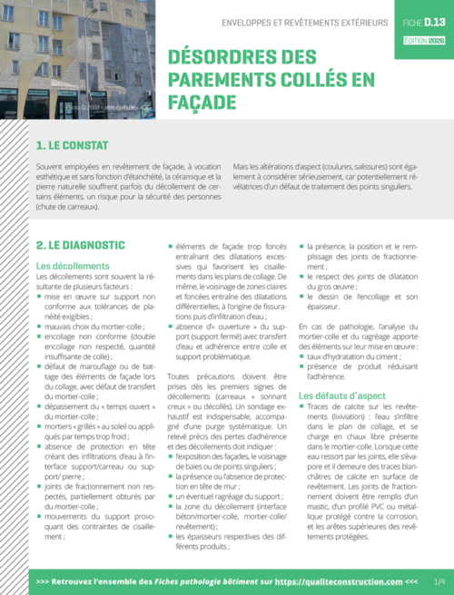 Fiche pathologie bâtiment - D.12 « Désordres des revêtements en façade » - AQC